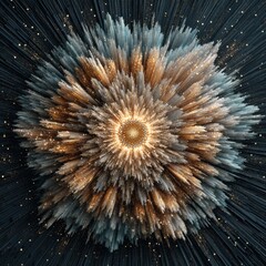 Obraz premium Abstract Exploding Geometric Starburst with Golden Glitter Particles on Dark Background