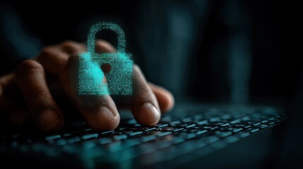 A person's hands type on a laptop keyboard, with a glowing digital lock graphic overlaying the keys.