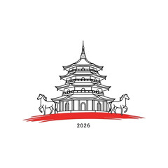 Obraz premium Chinese New Year 2026 Vector with Pagoda and Horses Design