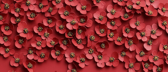 Embossed red flowers with shimmering gold centers populate a uniform red backdrop, creating a striking, layered floral texture