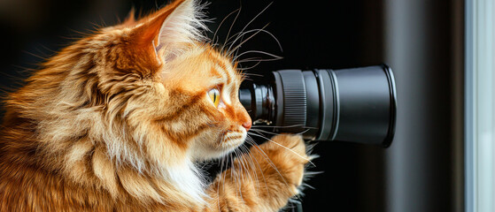 Fluffy orange cat with bright yellow eyes intently looking through a large black camera lens, side profile against a dark background