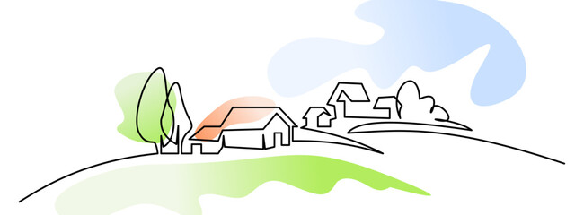 Landscape with village houses on hill. Continuous one line drawing, vector illustration of a landscape