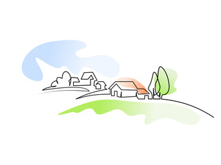 Fototapeta premium Landscape with village houses on hill. Continuous one line drawing.