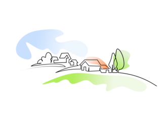 Landscape with village houses on hill. Continuous one line drawing.