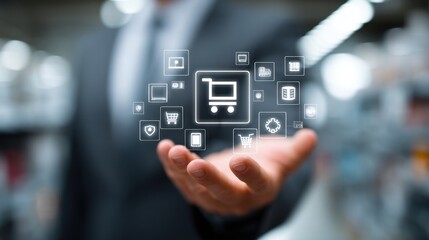 A hand holds a digital display of e-commerce and logistics icons, showcasing the concept of online shopping and supply chain.