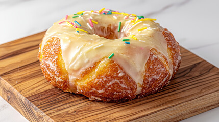 Golden, flaky ring cake with creamy white glaze and colorful candy sprinkles, resting on a rustic wood plank