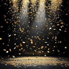 Golden confetti raining down on a dark stage, illuminated by spotlights, with many pieces scattered on the floor
