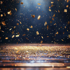 Golden confetti raining down onto a wooden floor with a dark blue background, creating a festive, sparkling scene