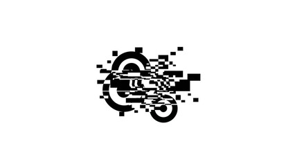 Abstract black and white circular glitch art design with pixelated elements