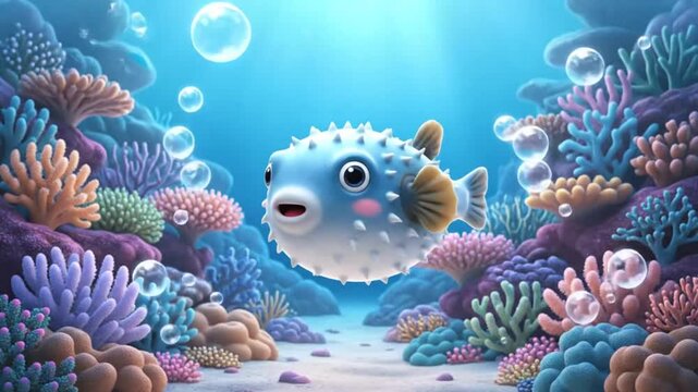 Cute Pufferfish Swimming in a Vibrant Coral Reef Underwater Scene.