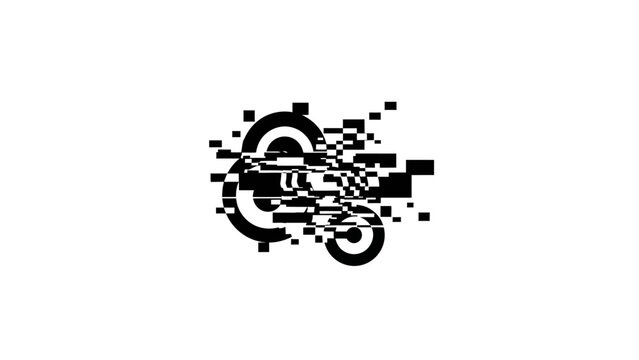 Abstract black and white circular glitch art design with pixelated elements