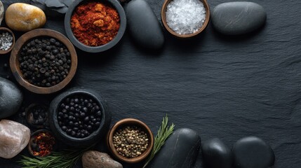 Different bowls hold spices and herbs scattered on a dark surface. Some stones are around the bowls. This scene is set in a kitchen during afternoon light.