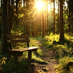 Golden sunlight streams through a tranquil forest, illuminating a vacant wooden bench beside a winding path