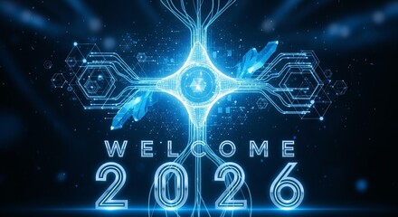 Futuristic AI Technology Welcome 2026 Digital Network Innovation Blue Glowing Design