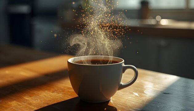  Steaming Coffee Cup with Glowing Magical Particles