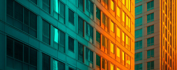 Color-graded teal/orange tones reflecting off polished facade 32k ultra HD
