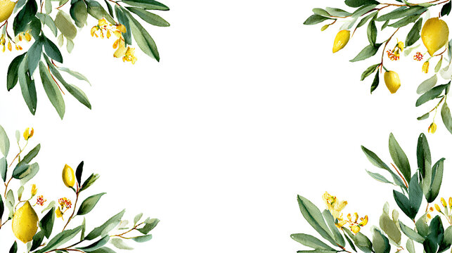 Elegant Mediterranean wedding invitation ornament with olive branches bougainvillea flowers and lemon details in delicate watercolor vector style
