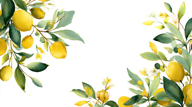 Elegant Mediterranean wedding invitation ornament with olive branches bougainvillea flowers and lemon details in delicate watercolor vector style
