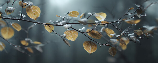 Cluster of gold-veined leaves, subtle depth, misty gray blurred bokeh 32k ultra HD