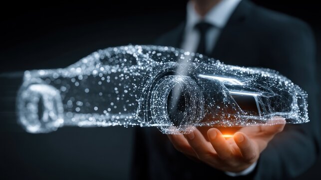 A futuristic car design, presented as a digital model, is held in a person's hand against a dark background. - Powered by Adobe