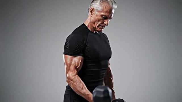 Muscular, older man in black shirt lifting dumbbells, against a gray background