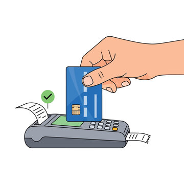 Hand holding credit card over card reader with receipt printing