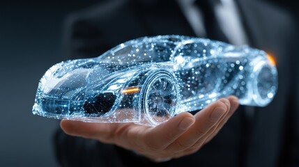 A digital representation of a futuristic car, held delicately in a hand, showcasing its intricate design with a network of luminous points.