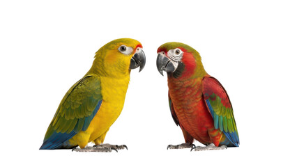 Obraz premium Two Vibrant Yellow and Red-Green Parrots Standing Side by Side isolated PNG with Transparent Background
