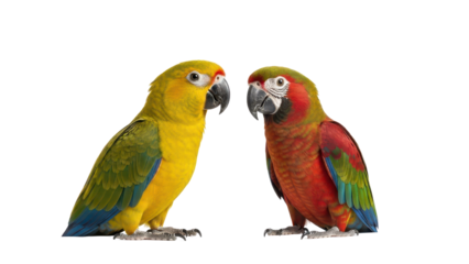 Two Vibrant Yellow and Red-Green Parrots Standing Side by Side isolated PNG with Transparent Background