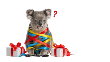 Confused Koala Bear Wrapped in Colorful Ribbons with Gift Boxes and Question Mark isolated PNG with Transparent Background
