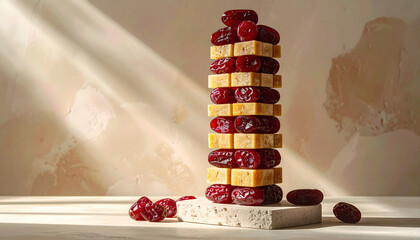 Delicious dates and cubes stacked together on stone
