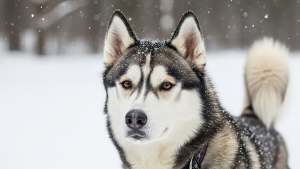 Obraz premium Close-up portrait of a beautiful Siberian Husky dog in the snow, with falling snowflakes adding a magical touch to the winter scene.