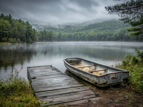 Misty lake with an old boat and wooden dock, surrounded by green forest and fog-shrouded mountains under a grey sky - Powered by Adobe