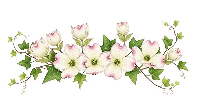 Illustrated floral border with white dogwood flowers and ivy vines for greeting card design