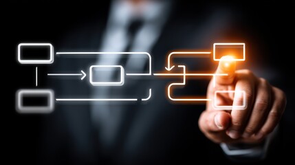 A hand points to a glowing, digitally rendered flowchart on a dark background.