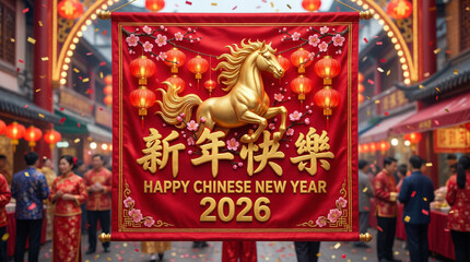 Obraz premium Happy Chinese New Year 2026 Banner with Golden Horse, Lanterns, and Festive Street Scene