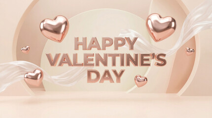 Happy Valentine's Day Greeting with Rose Gold Heart Balloons and Ribbons