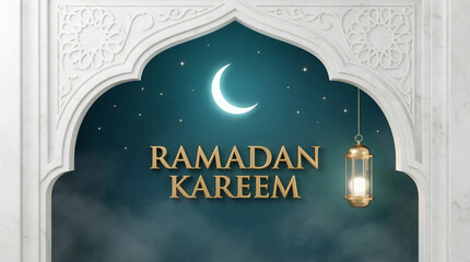 Ramadan Kareem Greeting with Traditional Mosque Archway, Crescent Moon and Lantern