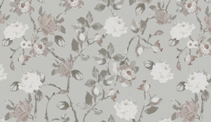 A classic, seamless floral wallpaper design featuring white and dusty pink roses with grey leaves set against a textured light grey background.