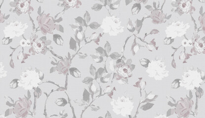 A classic, seamless floral wallpaper design featuring white and dusty pink roses with grey leaves set against a textured light grey background.