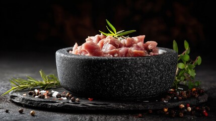Chopped raw meat is placed in a stone bowl with fresh herbs on a dark stone surface. Surrounding spices add color and interest to the scene in the kitchen setting.