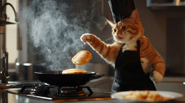Orange cat chef in hat and apron expertly flips a pancake from a steamy pan in a kitchen, with another pancake already cooking