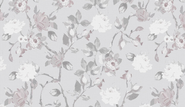 A classic, seamless floral wallpaper design featuring white and dusty pink roses with grey leaves set against a textured light grey background.