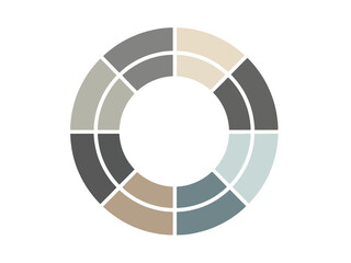 An abstract circular design featuring two concentric rings, each divided into segments with a muted color palette of grey, beige, brown, and blue.