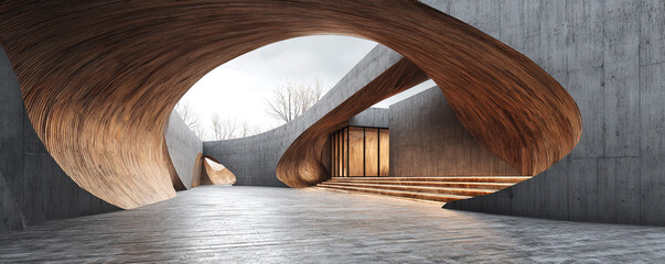 Cold concrete expanses contrasted with curved organic wood textures 32k ultra HD
