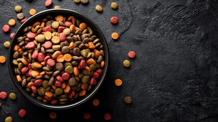 A bowl filled with colorful pet food sits on a dark surface. Small pieces of dry food are scattered around the bowl creating a vibrant display of pet nutrition.