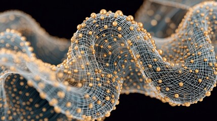 Abstract Golden Spheres On A Wavy White Net Structure Against A Dark Background