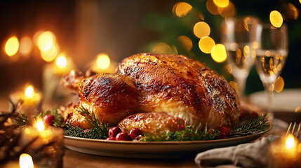 Traditional christmas dinner served with festive spirit concept. A beautifully roasted turkey centerpiece for festive gatherings.