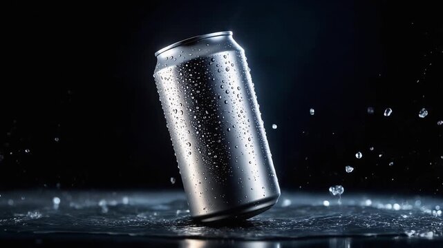 黒背景で水しぶきをまとった缶飲料が強いコントラストを生む演出