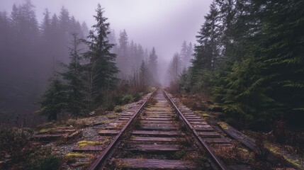 Fototapeta premium Abandoned train tracks winding through a dense, foggy evergreen forest, creating a mysterious and atmospheric scene.